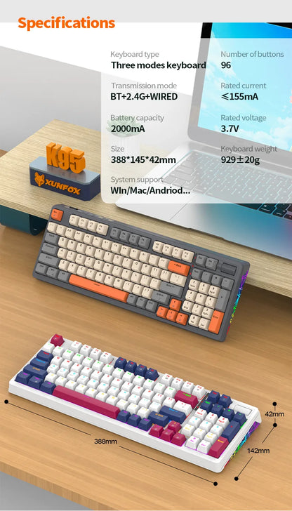 Wireless Mechanical Keyboard 96 Keys 100% Layout Spanish Russian Korean Arabic Mechanical Keyboard Bluetooth RGB K95 2000mAh
