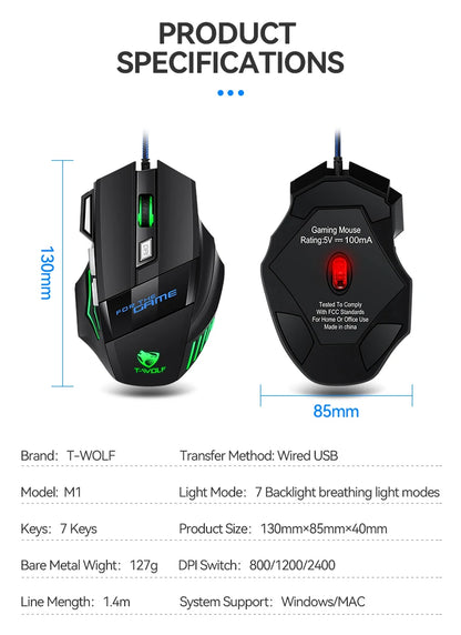 T-WOLF M1 Wired Gaming Mouse 7-Button RGB Backlit Ergonomic USB Gaming Mouse for PC Gamers with Adjustable DPI