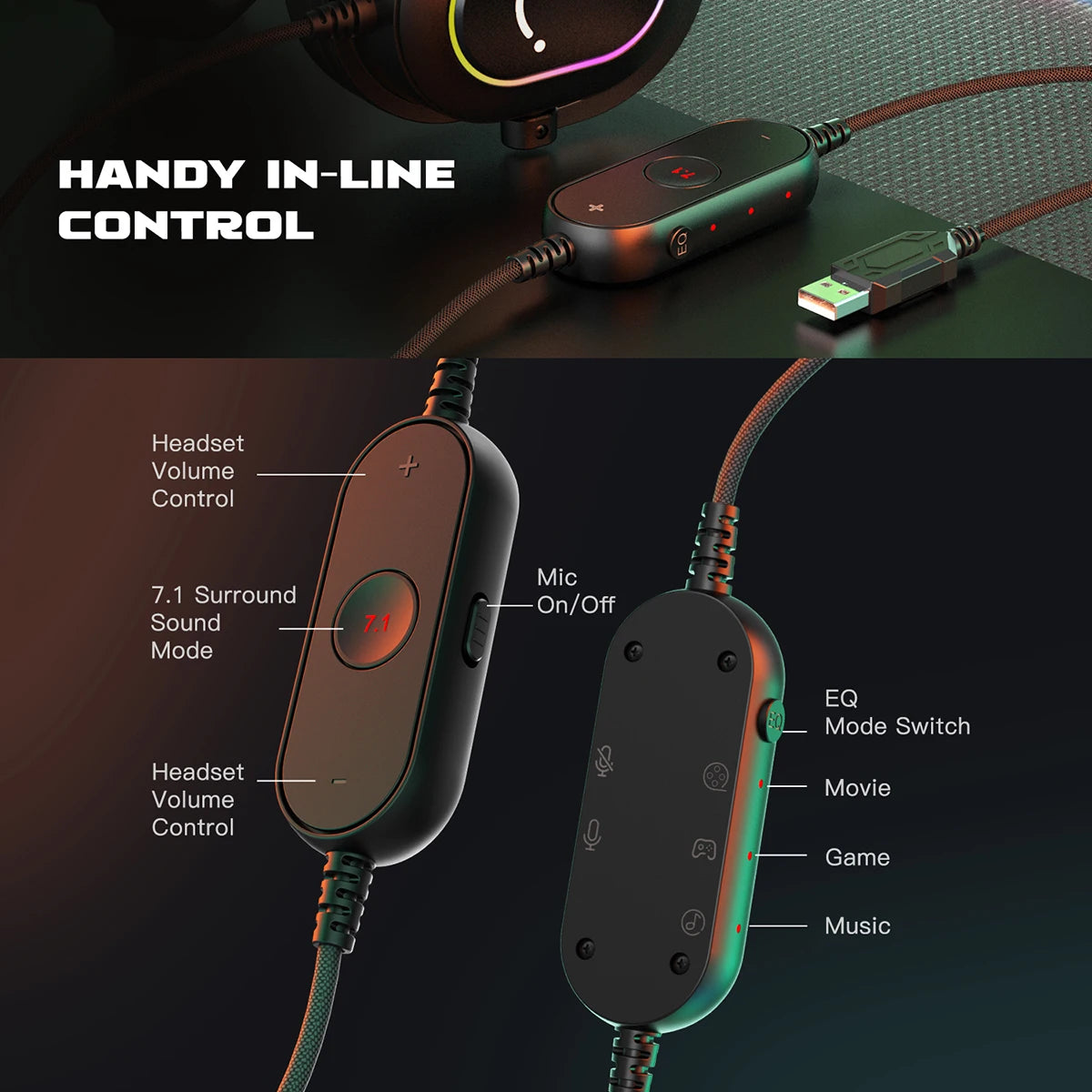 Auriculares gaming FIFINE RGB con micrófono – auriculares con cable circumaurales con sonido envolvente 7.1 para PC, PS4 y PS5 con 3 modos de ecualización