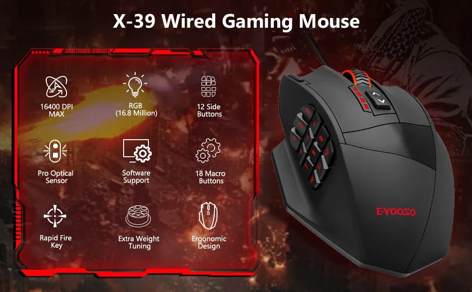 E-YOOSO X-39 Programmable Gaming Mouse RGB Wired Mouse with 17 Buttons, Adjustable DPI, Removable Weights, Ergonomic Gaming Mouse for PC