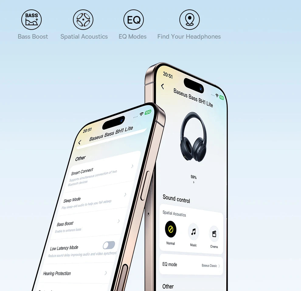 Baseus BH1 Lite Bluetooth 6.0 Wireless Headphones with Super Bass, ENC Clear Calls, 80H Playtime, Over Ear Headset for Gaming & Music