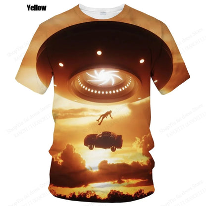 Summer UFO Alien 3d Print T-shirt Men Fashion Casual O-Neck Short Sleeve Tshirt Funny Mysterious Spaceship Tops Tees Men Clothes