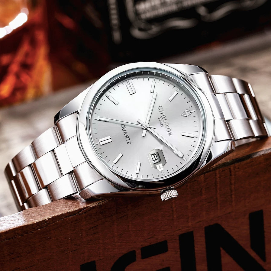 Męski zegarek na rękę CHRONOS – luksusowa marka, wodoodporny, podświetlany, z datownikiem, ze stali nierdzewnej, z mechanizmem kwarcowym.