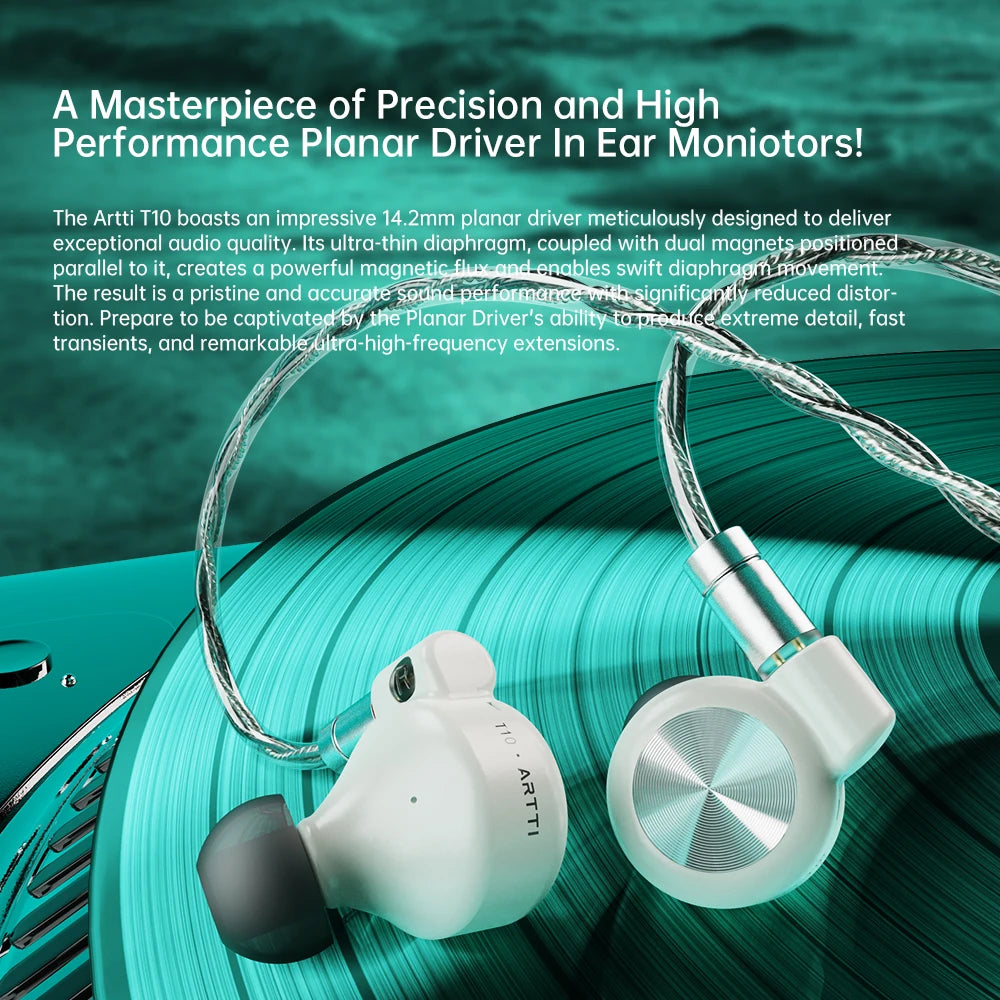 ARTTI T10 Planar Driver In-Ear HiFi Earphones, 14.2mm Wired IEM Monitors with Textured Bass, Detachable 0.78mm 2-Pin Cable, 3.5mm/4.4mm Audiophile Earphones