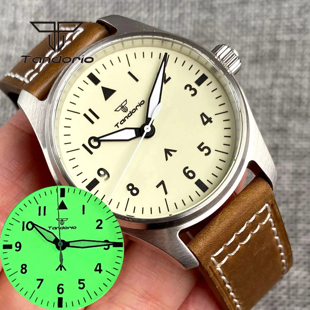 Tandorio Full Luminous Dial 39mm Men's Mechanical Pilot Watch Automatic Miyota 8215 PT5000 Steel Wristwatch AR Sapphire Crystal