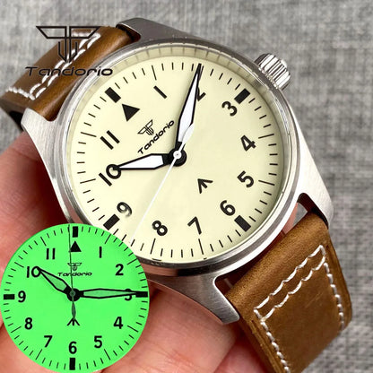 Tandorio Full Luminous Dial 39mm Men's Mechanical Pilot Watch Automatic Miyota 8215 PT5000 Steel Wristwatch AR Sapphire Crystal