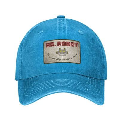 Computer with Sourires Anime Funny Mr Robot Custom Retro Cowboy Washed Baseball Caps for Men Denim Sun Hat Hip Hop Cap