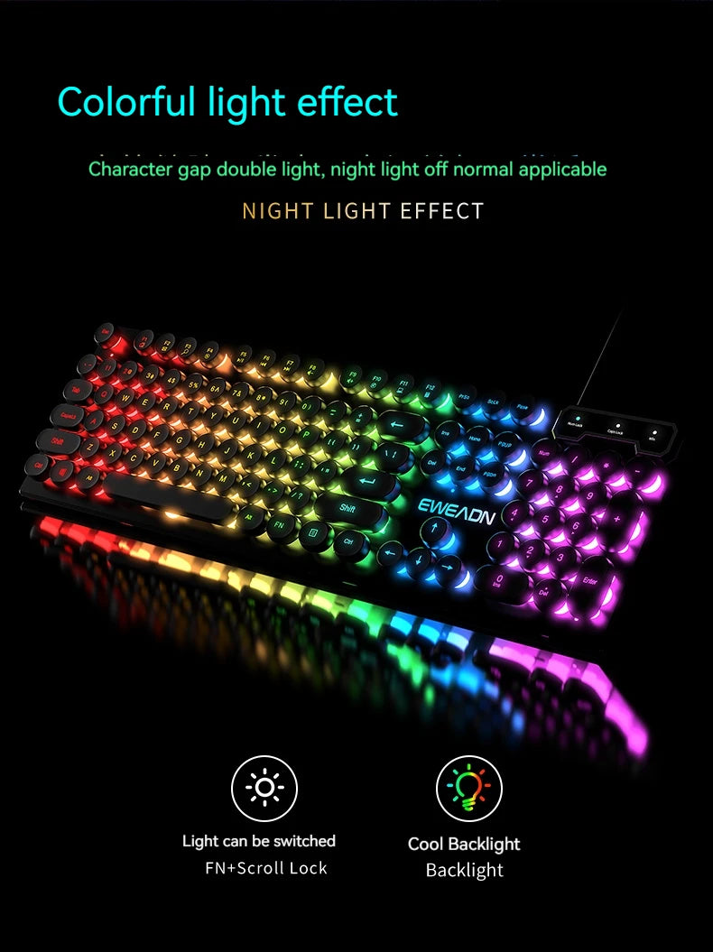 EWEADN GX330 Typewriter Gaming Keyboard 104 Keys Wired Retro Keyboard with RGB Backlit, Round Keycaps, USB Mechanical Style Keyboard for PC & Laptop