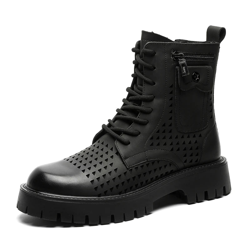 Non-Slip Men's High Top Casual Leather Shoes Street Style Motorcycle Boots New Stylish Ankle Boots Thick Bottom Walking Footwear