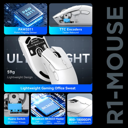 ATTACK SHARK R1 Tri-Mode Gaming Mouse, 59g Ultralight Wireless Gaming Mouse, PixArt PAW3311 Sensor, 18000 DPI, Bluetooth, 2.4GHz & Wired RGB Gaming Mouse