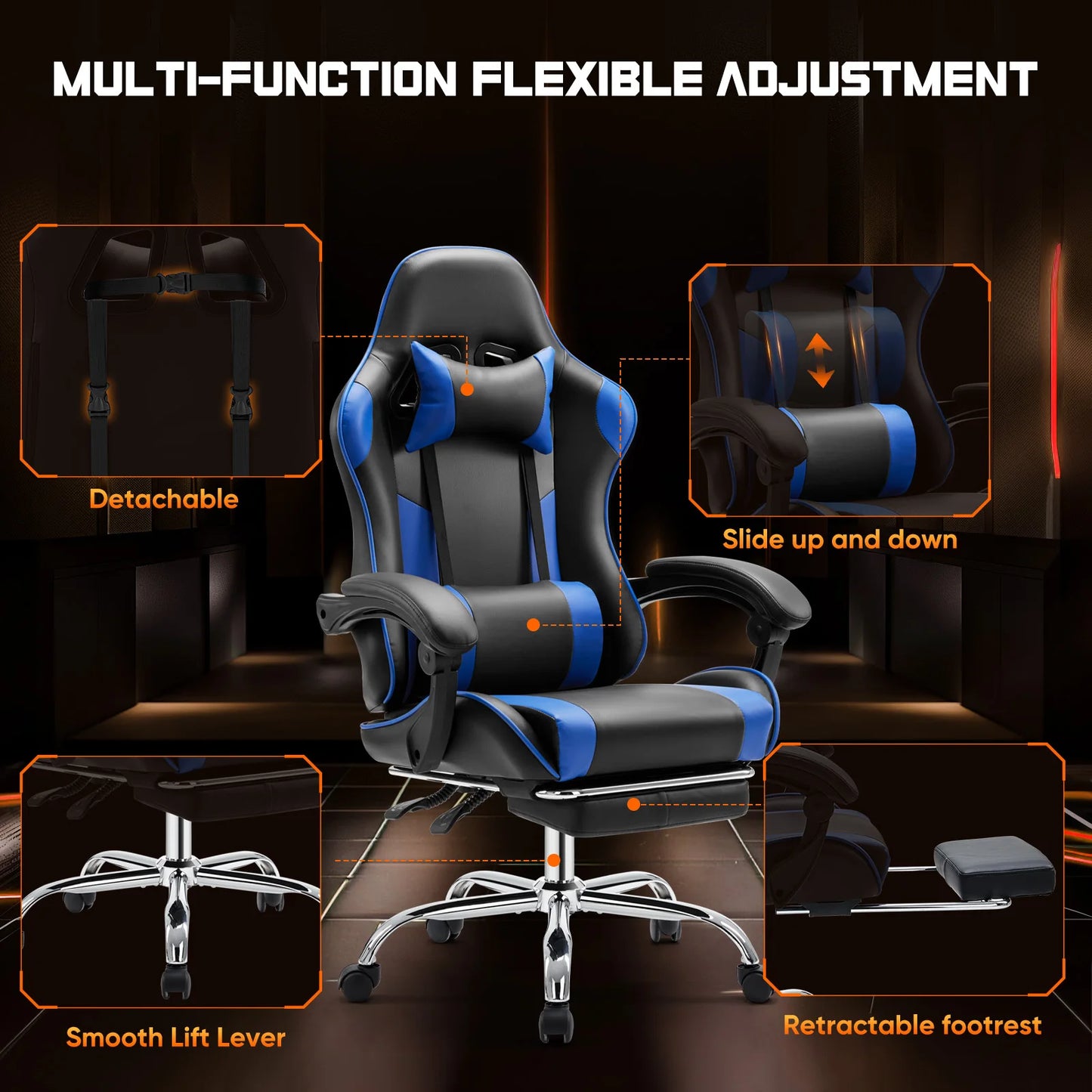 JHK Ergonomic Racing Gaming Chair with Lumbar Support, Adjustable PU Leather Computer Chair, Swivel Office Gaming Chair with Headrest & Armrests
