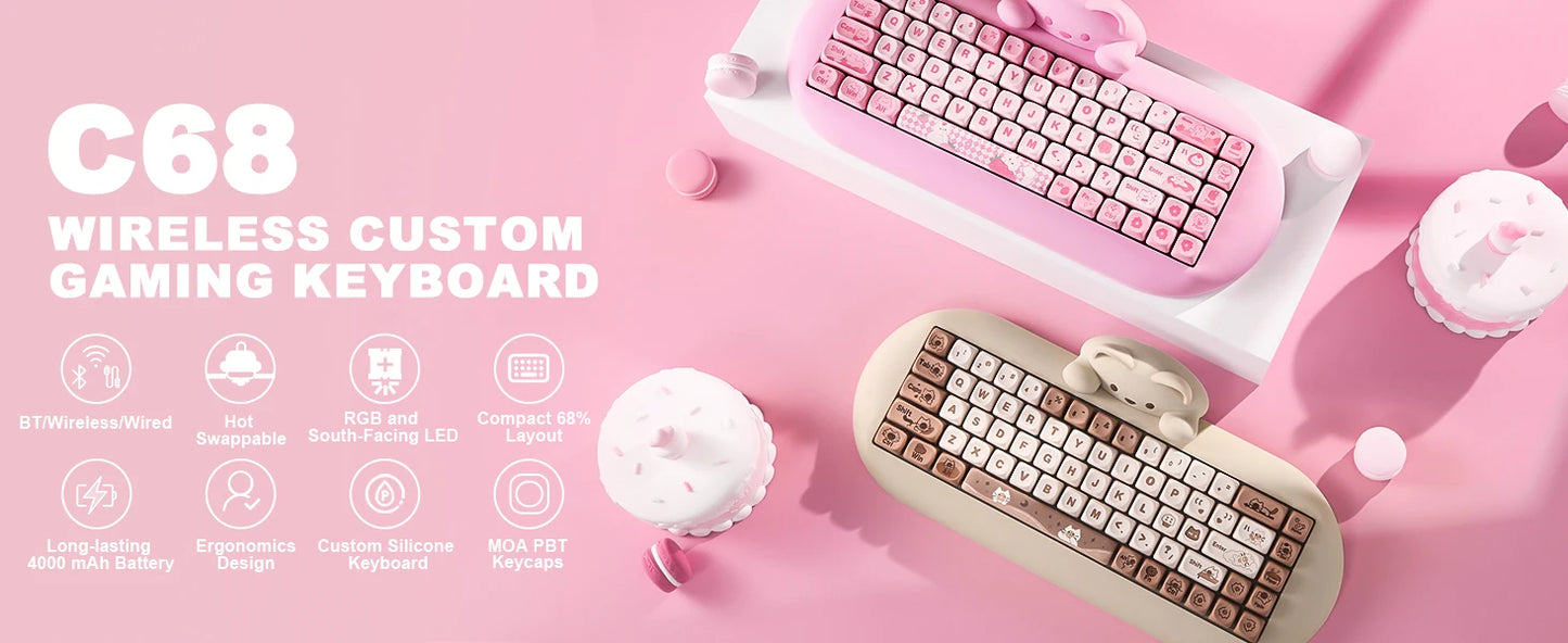 YUNZII C68 Wireless Gaming Keyboard, 65% Hot Swappable Mechanical Keyboard with RGB Backlit, Tri-Mode Bluetooth Gaming Keyboard, Cute Cat Ergonomic Keyboard