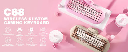 YUNZII C68 Wireless Gaming Keyboard, 65% Hot Swappable Mechanical Keyboard with RGB Backlit, Tri-Mode Bluetooth Gaming Keyboard, Cute Cat Ergonomic Keyboard