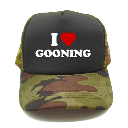 Sjove „I Love Gooning“-baseballkasketter – Cool sommerhat til mænd i netstof – Humoristisk truckerkasket – Unisex udendørs kasketter i netstof – MZ-080