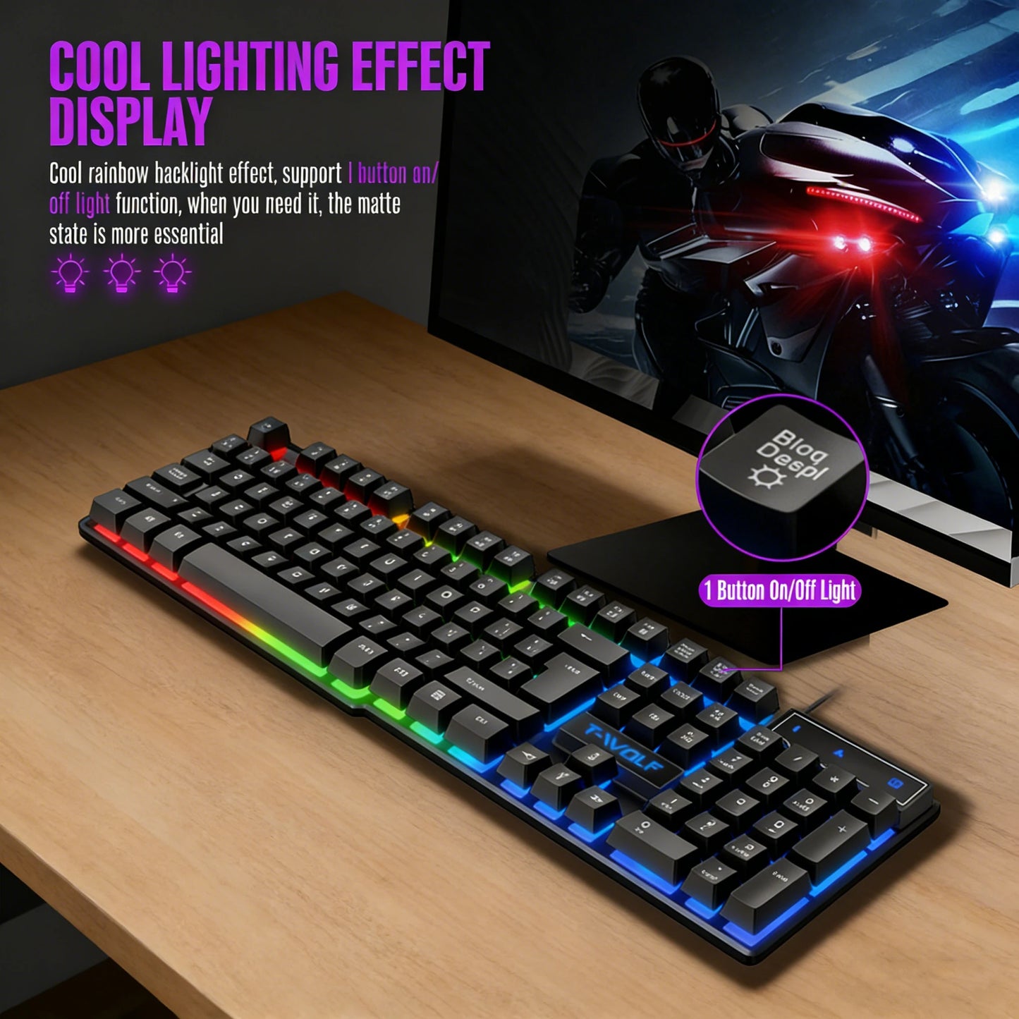 Teclado gaming con sensación mecánica, retroiluminación RGB, teclado con cable USB para oficina y hogar, teclas multimedia, ruso, español, árabe e inglés
