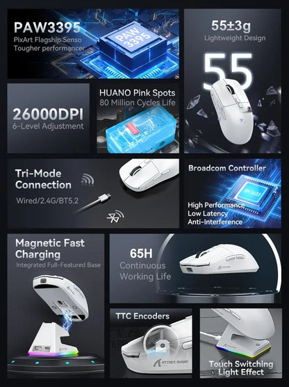 Attack Shark X6 Lightweight Wireless Gaming Mouse, Tri-Mode Bluetooth & 2.4G Gaming Mouse, 26,000 DPI RGB Charging Dock, PAW3395 Sensor