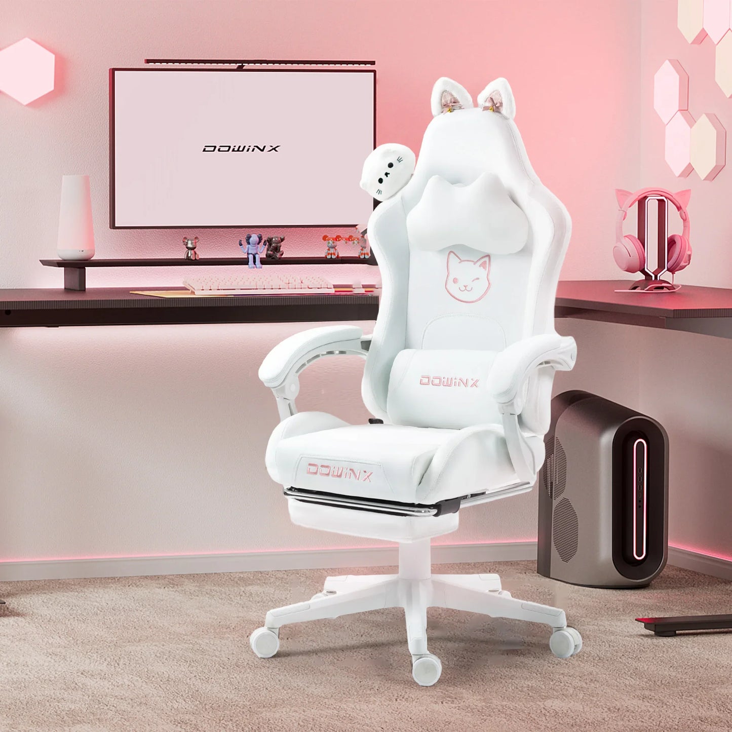 Uroczy fotel gamingowy z kocimi uszami i podnóżkiem, różowy fotel komputerowy kawaii, ergonomiczne siedzisko dla gracza z wysokim oparciem i podparciem lędźwiowym w kształcie kociej łapki