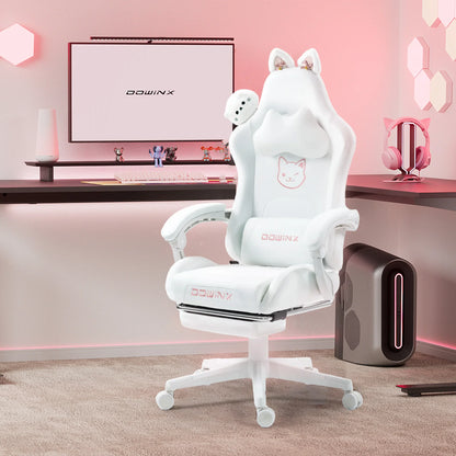 Uroczy fotel gamingowy z kocimi uszami i podnóżkiem, różowy fotel komputerowy kawaii, ergonomiczne siedzisko dla gracza z wysokim oparciem i podparciem lędźwiowym w kształcie kociej łapki