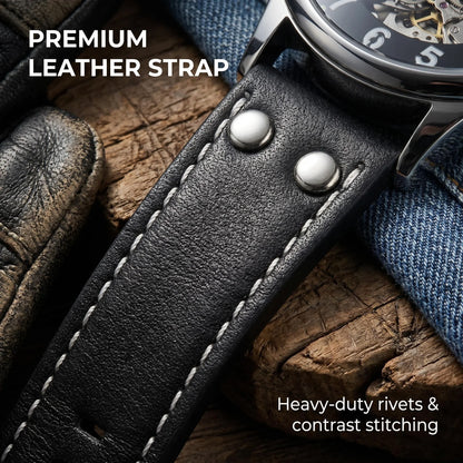LONGLUX men automatic watch vintage pilot tough guy mechanical watches skeleton waterproof luminous leather gift