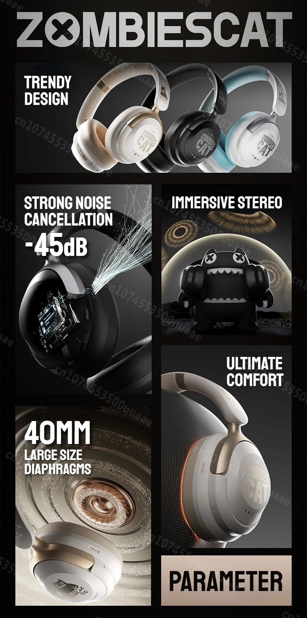 Zombies Cat S10 ANC Bluetooth Headphones with 45dB Noise Cancellation, HiFi Stereo Wireless Over-Ear Headset with Mic