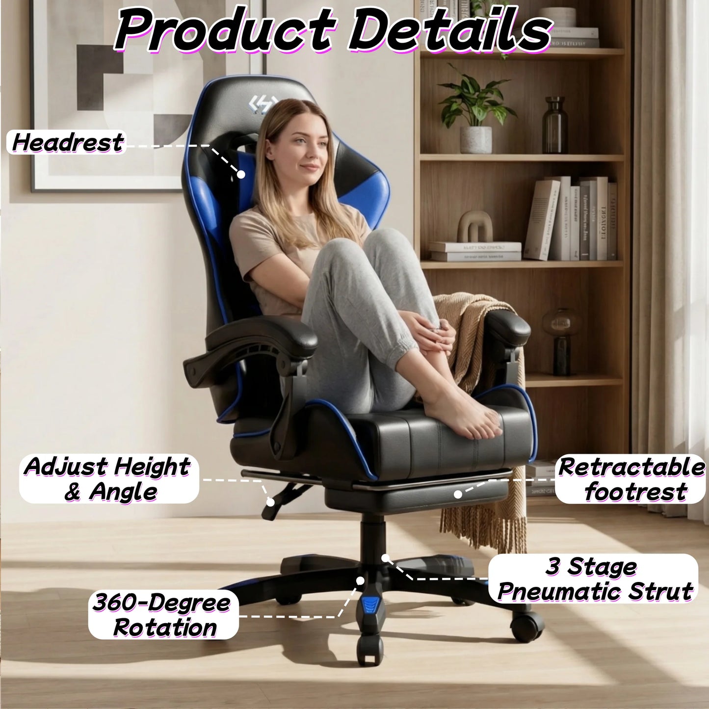 Ergonomic Gaming Chair with Footrest and Headrest, Adjustable Computer Office Chair with Reclining Backrest, Comfortable Desk Chair for Adults