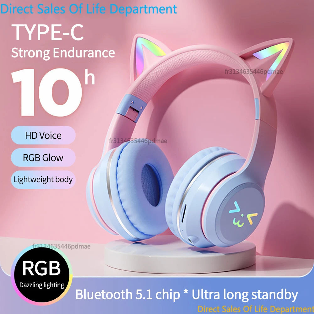 RGB Cat Ear Wireless Bluetooth Headphones for Kids & Girls, LED Light Stereo Gaming Headset with Microphone, Foldable Bluetooth Cat Ear Headphones