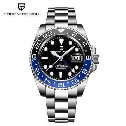 Montre mécanique pour homme PAGANI DESIGN (40 mm) – Cadran violet, fonction GMT, bracelet type Jubilee, verre saphir, étanche, mouvement automatique