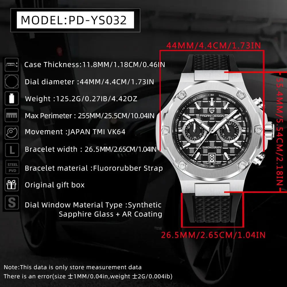 PAGANI DESIGN PD-YS032 Men's Quartz Watch 44mm Japan VK64 Movt Stainless Steel Case Rubber Strap Sapphire Glass 100M Waterproof