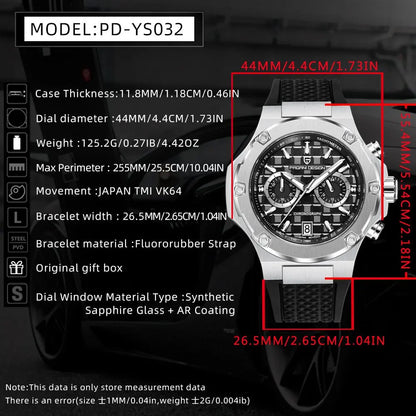 PAGANI DESIGN PD-YS032 Men's Quartz Watch 44mm Japan VK64 Movt Stainless Steel Case Rubber Strap Sapphire Glass 100M Waterproof