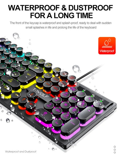 Typewriter style Mechanical feel Gaming Keyboard,Wired,RGB Backlit,Round Keycaps Mouse and Keyboard Bundle Waterproof 104-Key