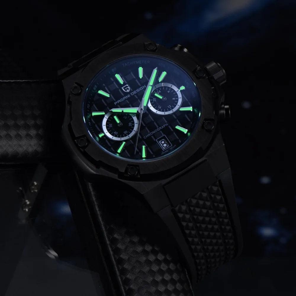PAGANI DESIGN PD-YS032 Men's Quartz Watch 44mm Japan VK64 Movt Stainless Steel Case Rubber Strap Sapphire Glass 100M Waterproof