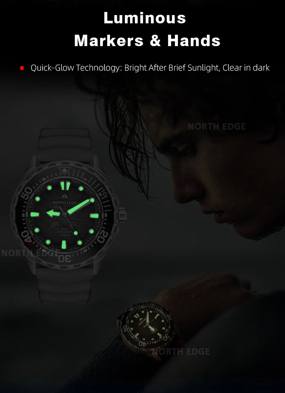 NORTH EDGE TRITON-TI Titanium Stainless Solar-Powered Diving Watch Luxury Quartz Watches For Men 300M Waterproof 180+ Day Power
