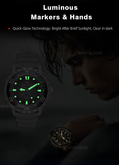 NORTH EDGE TRITON-TI Titanium Stainless Solar-Powered Diving Watch Luxury Quartz Watches For Men 300M Waterproof 180+ Day Power