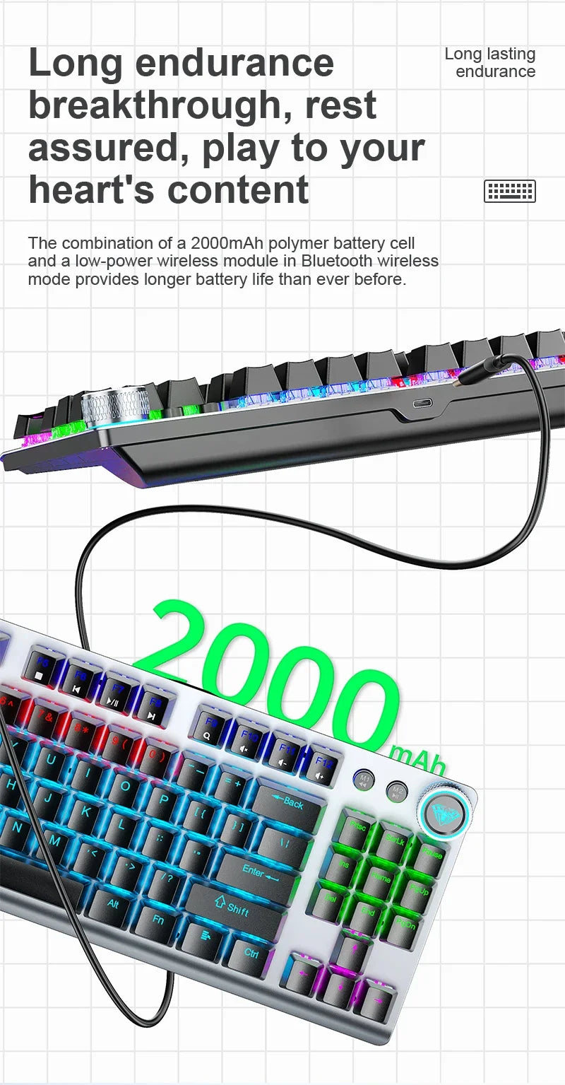 AULA F3001 Mechanical Keyboard Bluetooth Wireless Three Mode Metal Panel Two-color Injection Molding Cool Backlight Effect 87Key