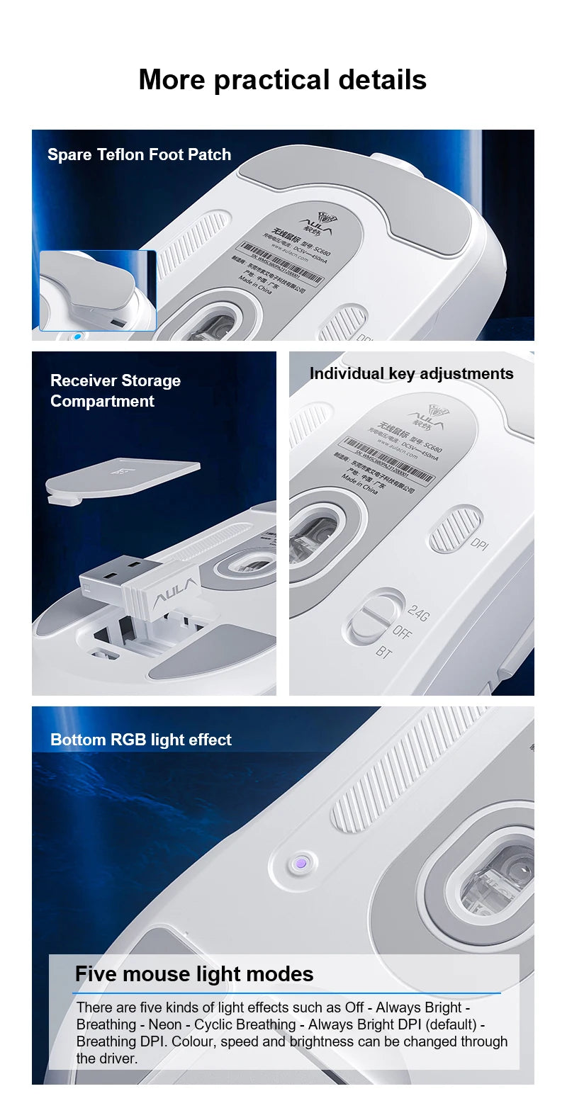 AULA SC680 Wireless Gaming Mouse, Tri-Mode Bluetooth 5.0/2.4G/Wired Gaming Mouse with PAW3395 Sensor, 26000 DPI Super Lightweight Gaming Mouse for PC, Mac & Laptop