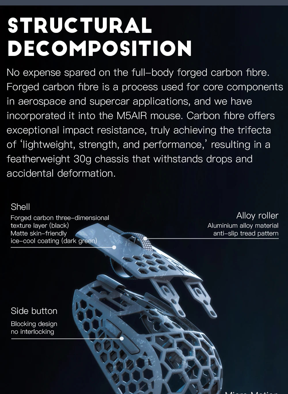 Darmoshark M5 Air Wireless Gaming Mouse Forged Carbon Fiber 30K DPI PAW3395 Sensor Lightweight Ergonomic Mouse for PC Gaming