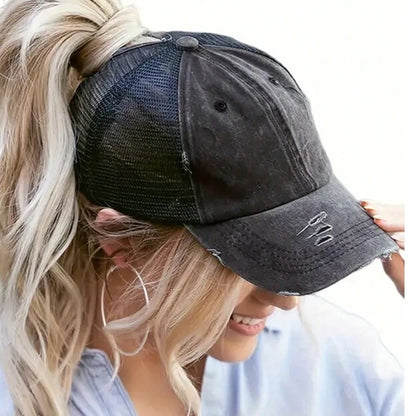 1 casquette de baseball vintage en maille « ponytail », casquette de camionneur ajustable, délavée et vieillie, offrant une protection solaire en extérieur, idéale pour le printemps et l'automne