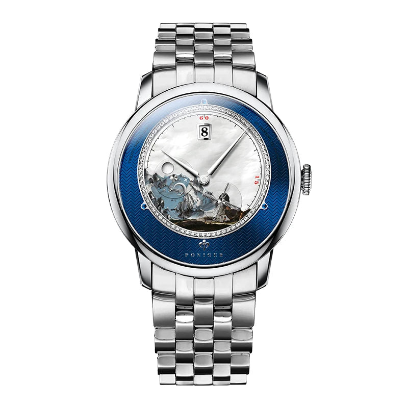 PONIGER Sapphire Crystal Glass Wrist Watch Painting Dial Man Leather Automatic Wristwatch MIYOTA 8219