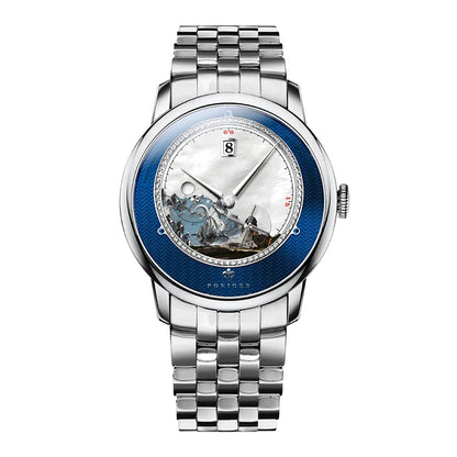 PONIGER Sapphire Crystal Glass Wrist Watch Painting Dial Man Leather Automatic Wristwatch MIYOTA 8219