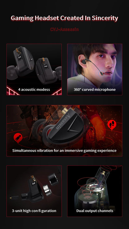 CVJ Assassin Hybrid Gaming Earphones 1DD+1BA Vibration Driver Wired HiFi Headphones with Mic, Type-C & 3.5mm In-Ear Gaming Earphones for E-Sports
