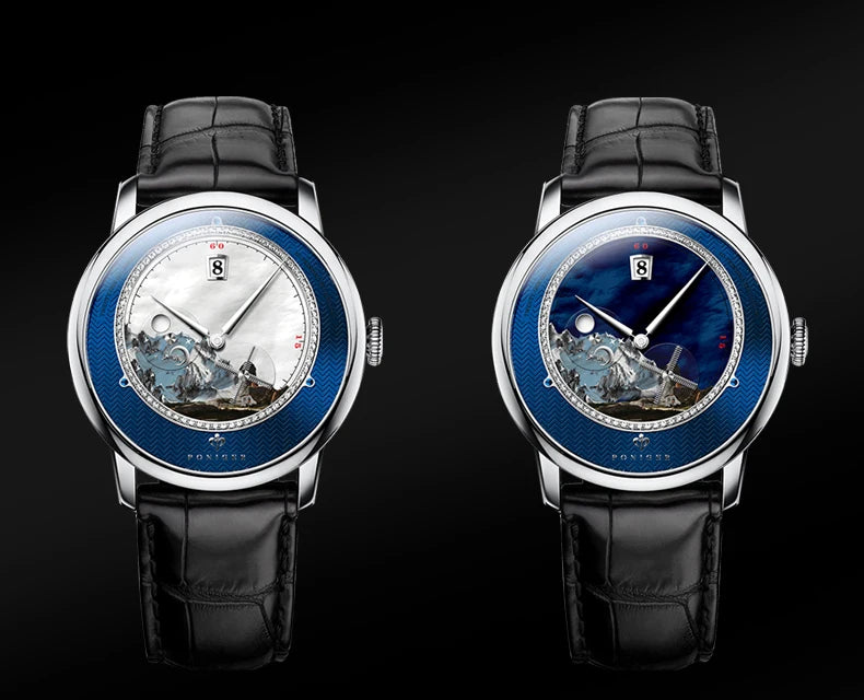 PONIGER Sapphire Crystal Glass Wrist Watch Painting Dial Man Leather Automatic Wristwatch MIYOTA 8219