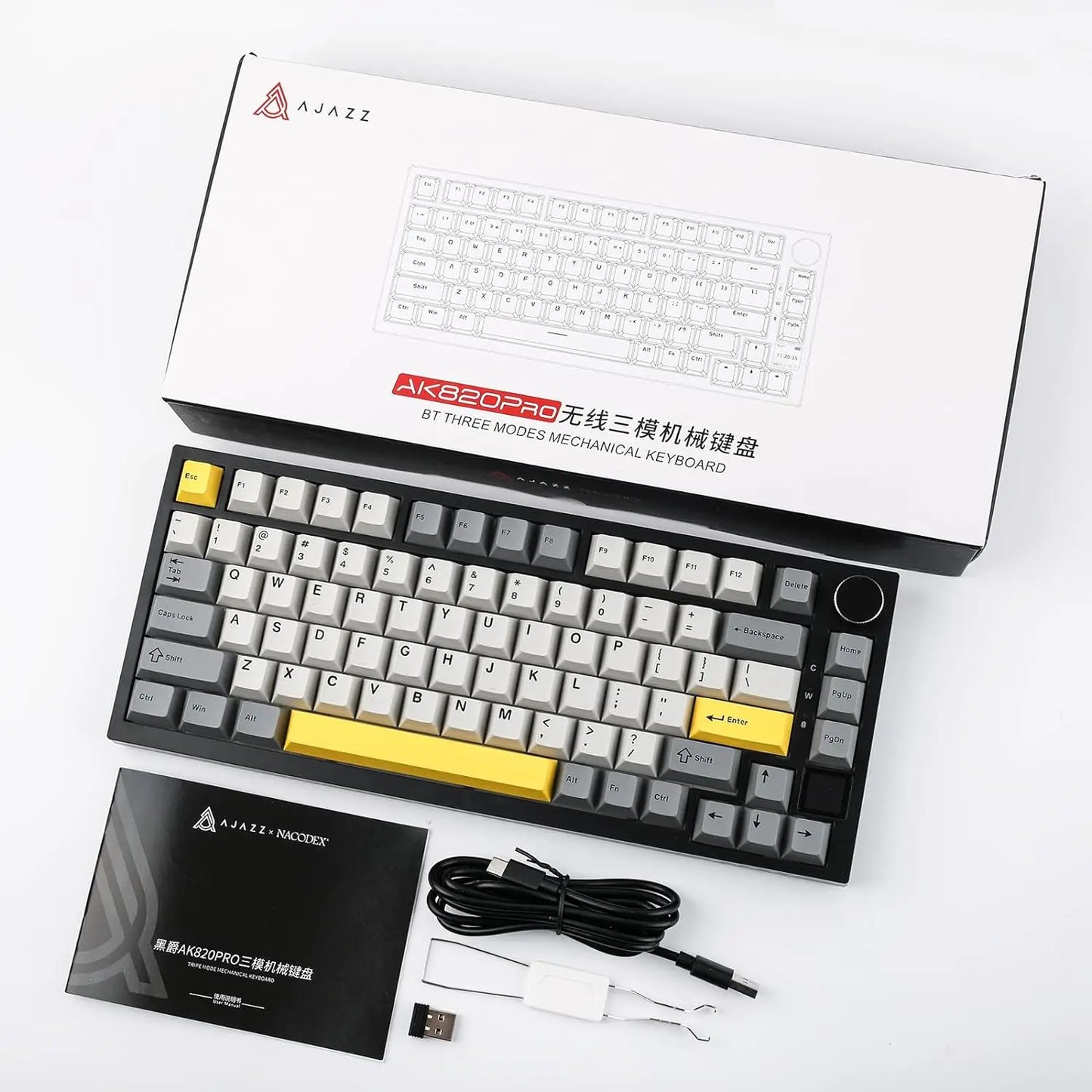 Ajazz AK820 Pro Gaming Mechanical Keyboard 75% Bluetooth/ Wireless Customized Gamer Keyboard with TFT Color Screen Knob for PC