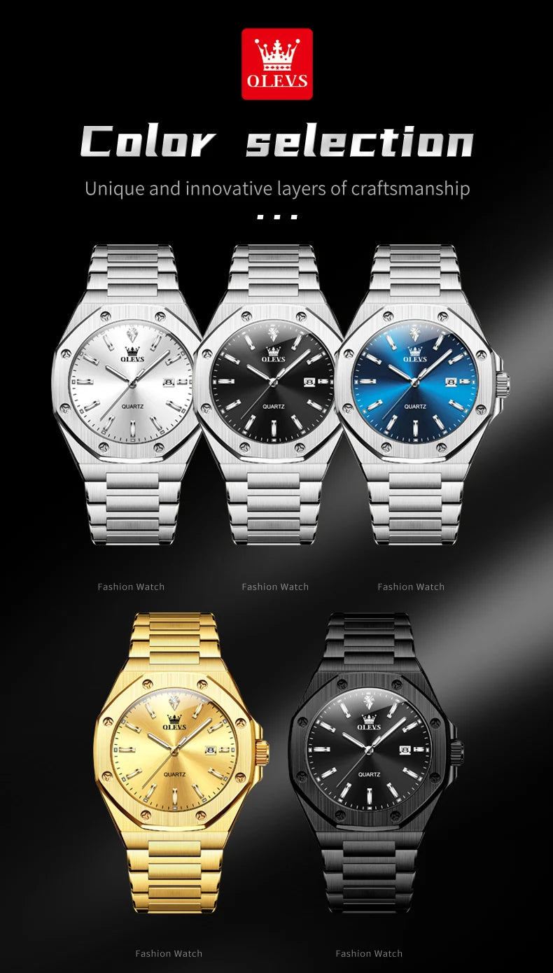 OLEVS Watches For Men Luxury Silver Blue Classic Quartz Watch for Man Waterproof Stainless Steel Luminous Reloj Hombre 2025