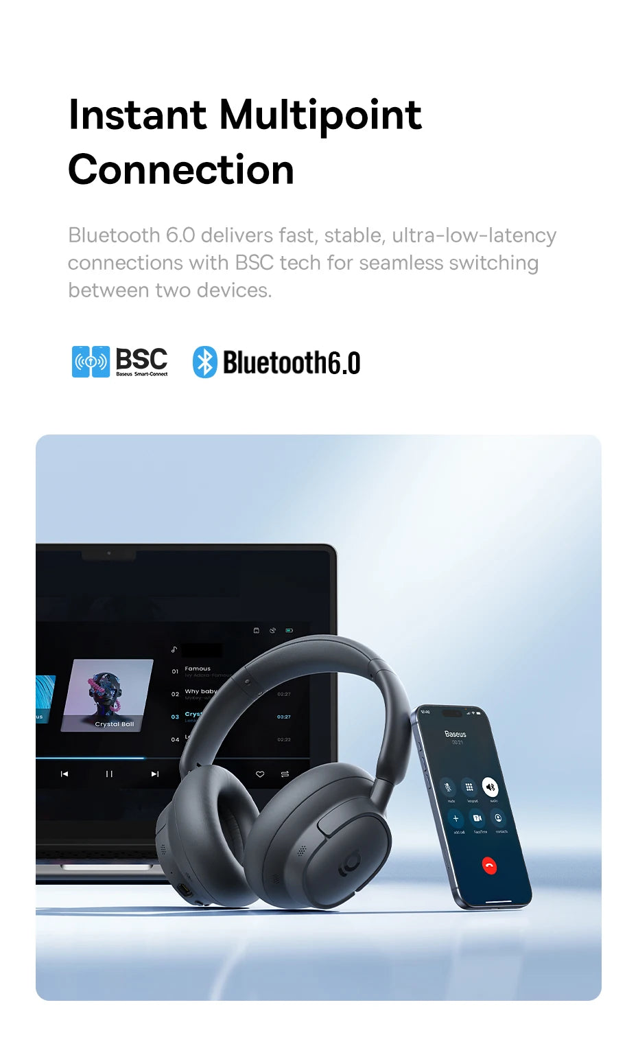 Baseus Bass BH1 NC Lite ANC Wireless Headphones Bluetooth 6.0 Noise Cancelling Headset 80H Battery Over Ear Earphones