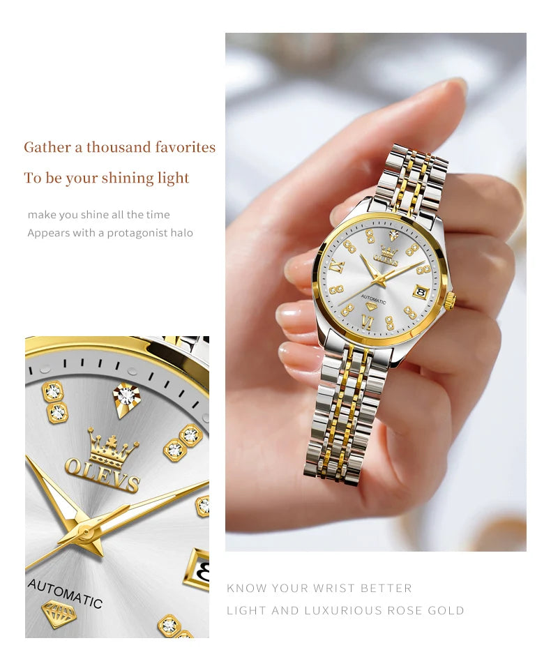 OLEVS 9801 Womens Watch Luxury Fashion Waterproof  Automatic Mechanical Watch Stainless Steel Diamond Date Ladies Watch Set