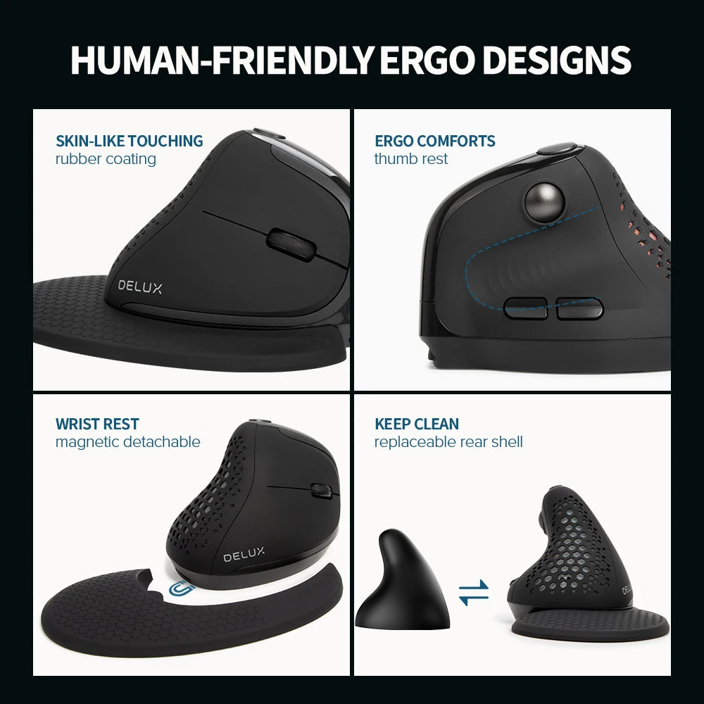 Delux M618XSD Seeker ergonominen pystysuuntainen hiiri OLED-näytöllä, 4000DPI, ladattava 1000mA akku, irrotettava takakansi tietokoneelle
