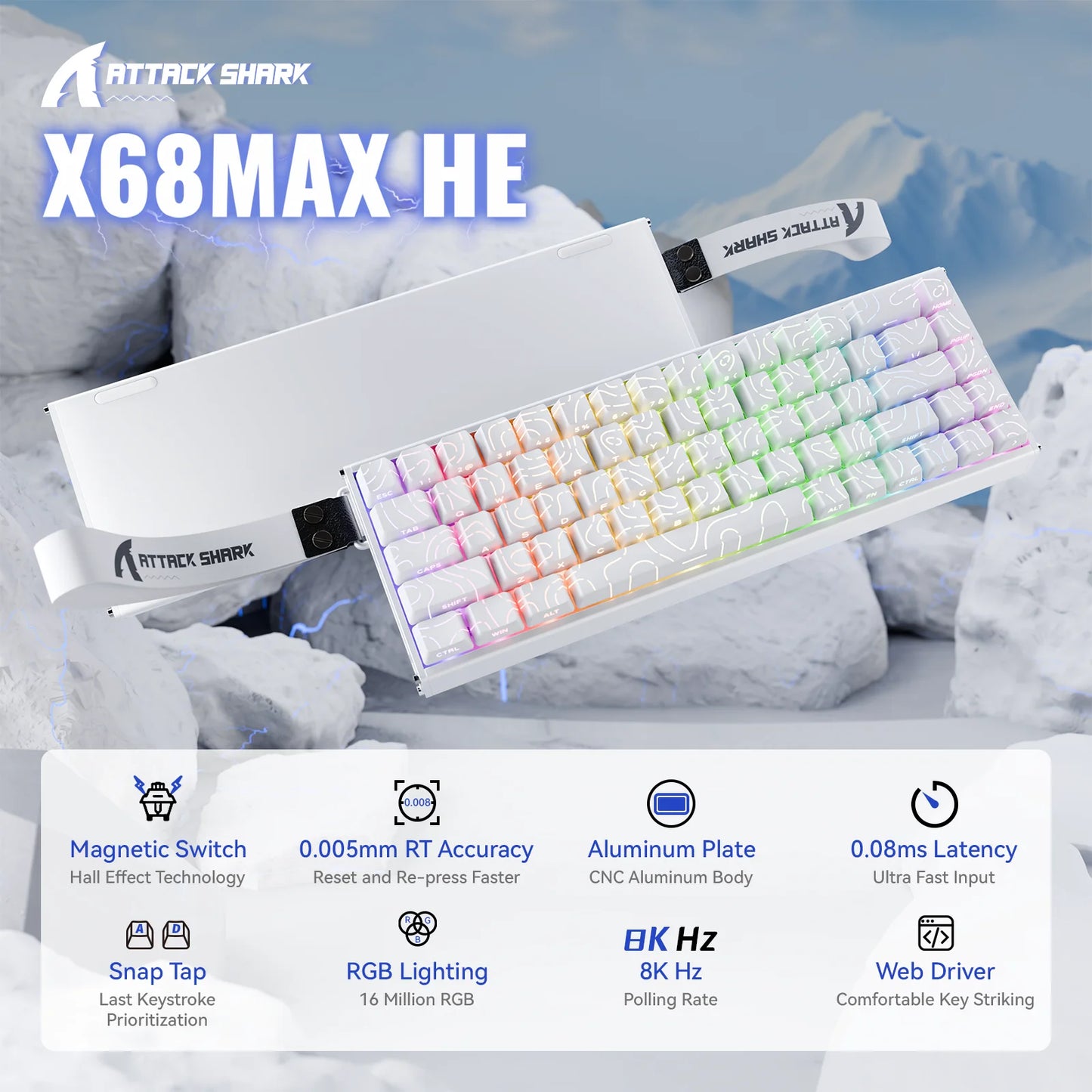 ATTACK SHARK X68MAX HE Rapid Trigger Magnetic Keyboard 60% Aluminum Wired Gaming Keyboard with Magnetic Switches, 8KHz Polling Rate & 0.005mm RT Accuracy