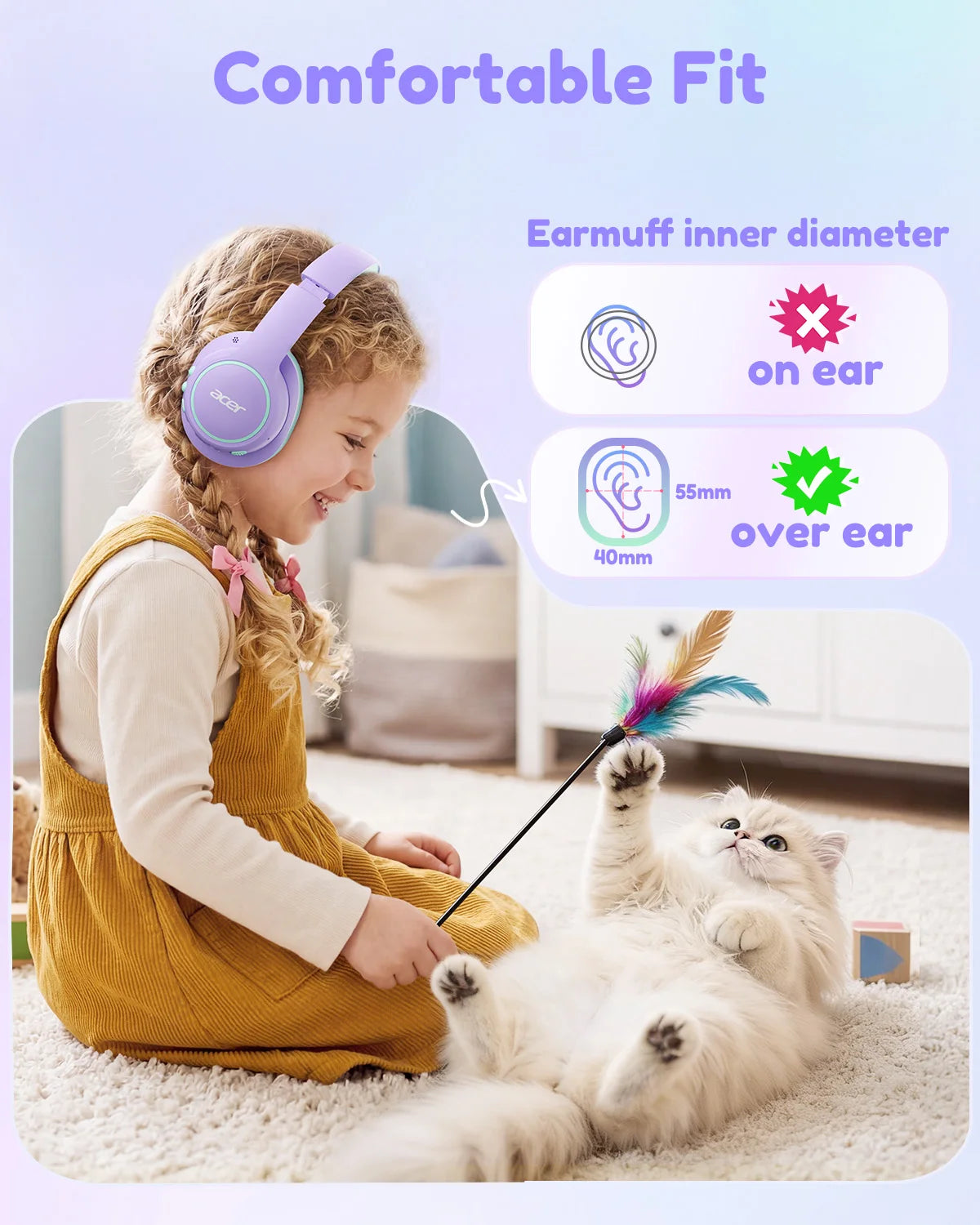 Acer Kids Bluetooth 6.0 Headphones with Mic, 75H Playtime, 85dBA Safe Volume Over-Ear Wireless Headphones, USB-C Fast Charging for iPad, Tablet & School