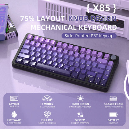 ATTACK SHARK X85 Tri-Mode-Gasket 75% mechanische Tastatur mit CNC-Drehknopf, 5-lagiger Dämpfung, Hot-Swap-Funktion, RGB-Hintergrundbeleuchtung, NKRO