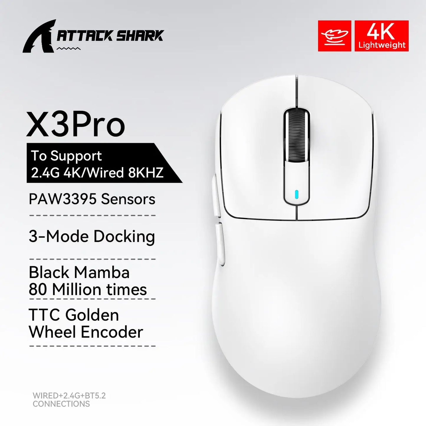 Bezdrôtová herná myš X3 ATTACK SHARK, červená farba, 4K odozva, Bluetooth trojrežimové pripojenie, PAW3395, makro Bluetooth herná myš